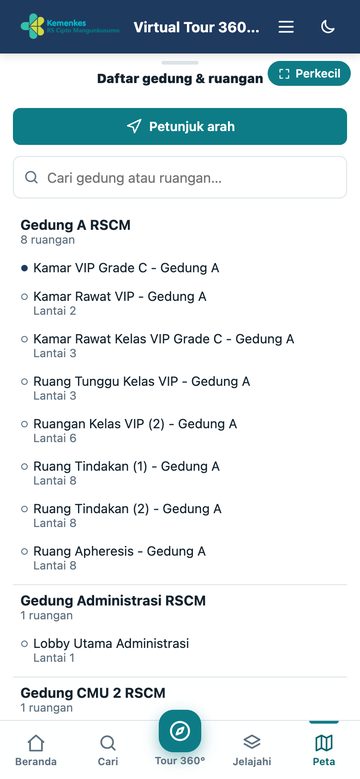 Daftar area & ruangan di peta — tampilan ponsel